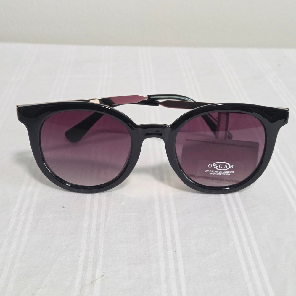 Oscar by Oscar de la Renta Womens Black Round Cat Eye Sunglasses Gold Temples